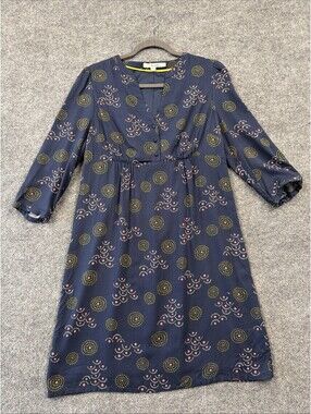 Boden Women's Navy Martha Dress V-Neck 3/4 Sleeve Size 14 Fully lined A-Line